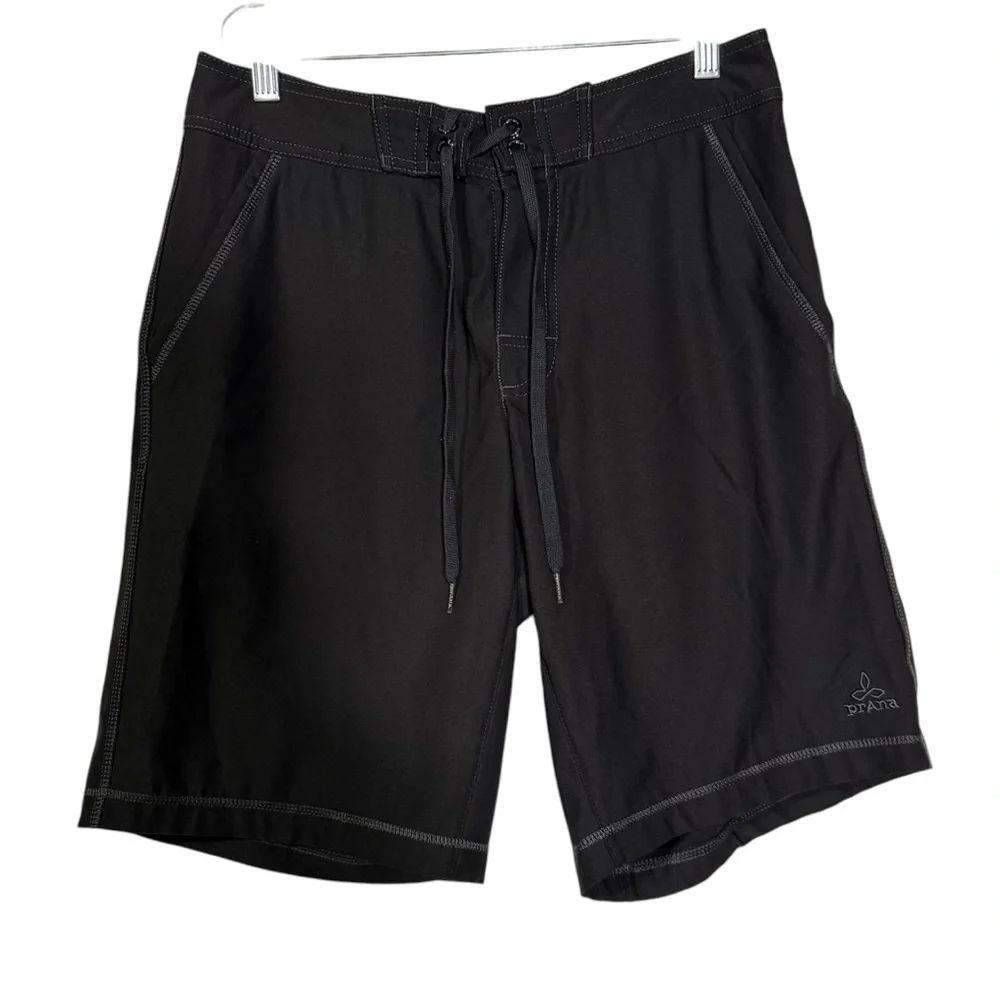 Prana Stretch Drawstring Board Shorts Bathing Suit Black Drawstring Size 30
